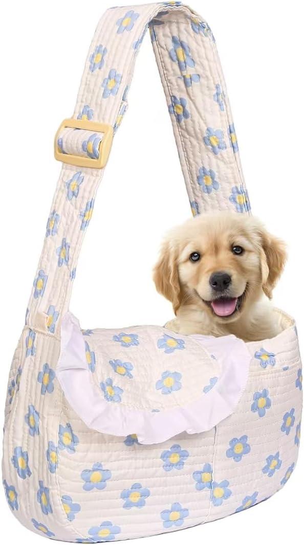 Floral Dog Carrier Bag for Cats & Small Dogs,Carry 10-20LBS Pet Purse, Hands-Free Cat Sling with Adjust Strap, Crossbody Puppy Sling Bag with Safety Buckle, Gifts for Pets Mom (Blue Daisy, Medium)
