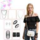80s Costume Accessories for Women, Punk Fancy Dress Party Kit with Lace Headband Earrings Fishnet Gloves Necklace Bracelet for 80's Retro Themed (Black)