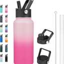 BJPKPK Insulated Water Bottles with Straw Lid, 32oz Metal Large Water Bottle with 3 Lids, Reusable Leak Proof BPA Free Thermo, Stainless Steel Tumblers for Sports, Gym, Travel-Cherry