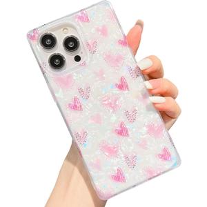 KERZZIL Elegent Girly Pearl Texture Compatible with iPhone 14 Pro Rectangle Edge Case, Cute Love Hearts Pattern Slim Soft TPU Protective Bumper Cases Cover(Pink,14 Pro)