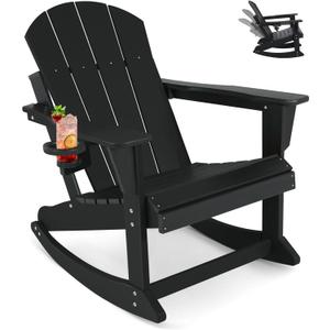 Outdoor Rocking Chair, HDPE Poly All-Weather Patio Rocking Chairs with Cup Holder for Adults, Porch Rocker for Deck Patio Balcony, 440lbs, Black