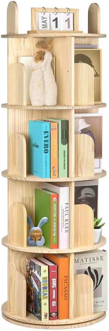 Kryonix Rotating Bookshelf, Solid Pine Wood Spinning Bookshelf Tower 4 Tier, 360° Revolving Bookcase for Kids, Multi-Functiona Corner Round Turning Book Shelf Organizer for Small Spaces