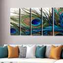 Wall Art for Living Room Bedroom Decoration Peacock Painting Canvas Print Framed Art Animal Feather Plume Modern Art for Office Wall Dcor Teal Blue Green 5 Panels Large Size
