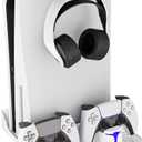 Hosanwell PS5 Wall Mount Kit with Charging Station, Compatible with PlayStation 5/Slim/Pro Disc & Digital Version, Dual Use Charging Station with Multi-Mode RGB Light, White