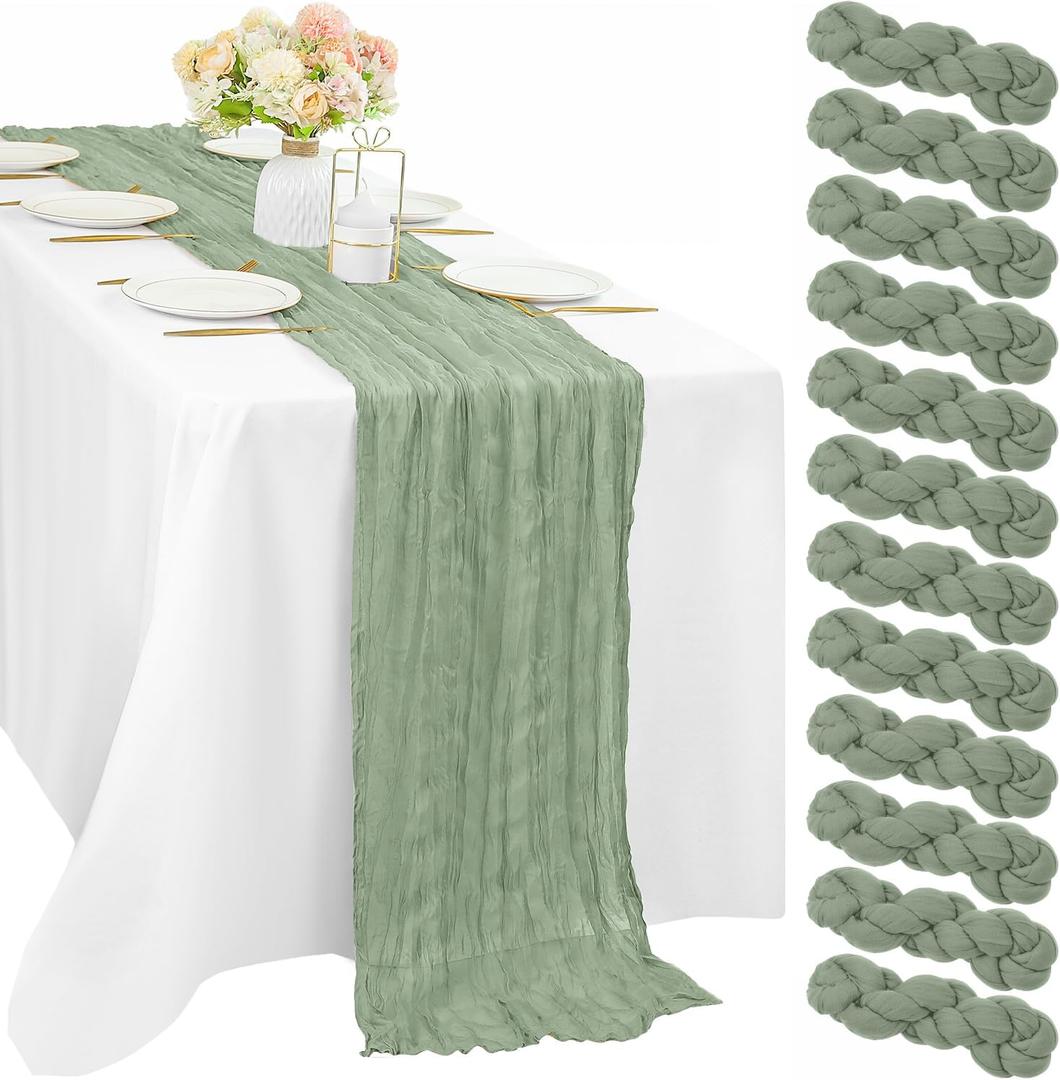 12 Pcs 10FT Sage Green Cheesecloth Table Runner 35 x 120 Inches Long Runner for Tables Gauze Fabric Boho Table Runner Decoration Rustic Sheer Runner for Wedding Baby Shower Birthday Party (Sage Green) (10ft x 12pcs)