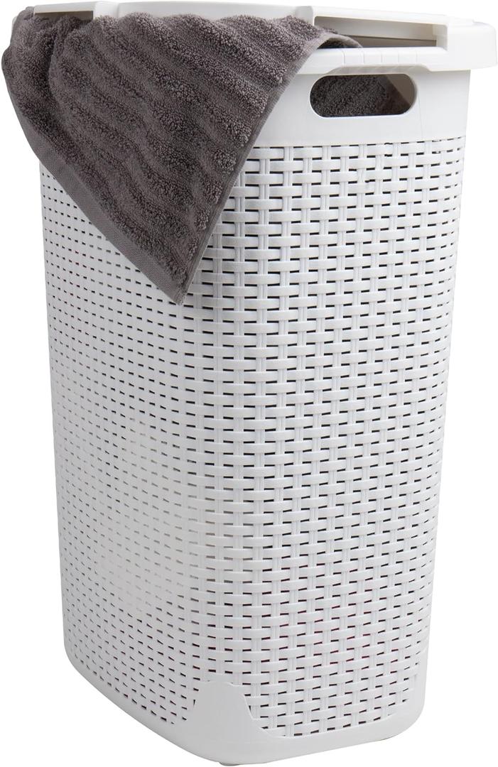 Mind Reader Slim Laundry Hamper with Lid, 60L Tall Clothes Basket, Narrow Tapered Design for Bathrooms, Closets and Laundry Rooms, Plastic, White, 1 Piece