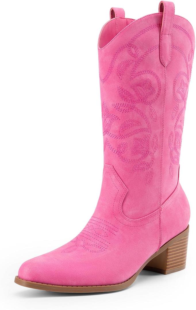 DREAM PAIRS Cowboy Boots for Women Cowgirl Western Boots Fashion Embroidery Stitched Chunky Heel Mid Calf Boots Size 9