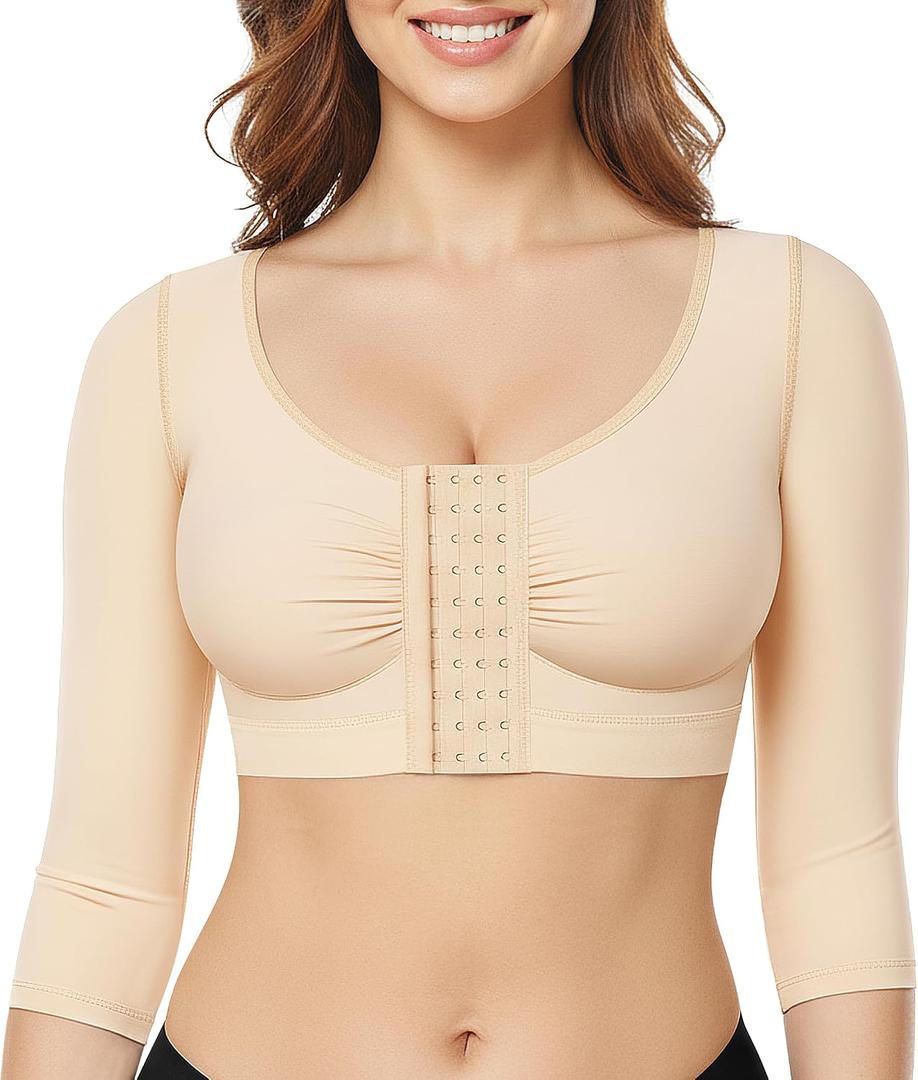 BRABIC Upper Arm Shaper for Women Fajas Post Surgery Compression Sleeves Front Closure Bra Arm Lipo Shapewear Tops, Small