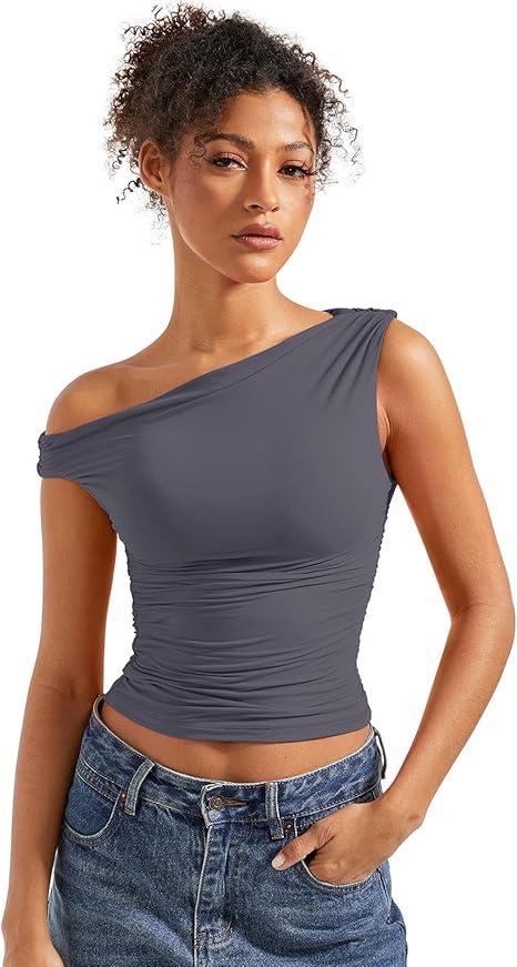 Women Off Shoulder Tops Sleeveless Shirts, Grey, XL
