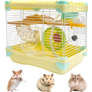Hamiledyi Portable Hamster Cage 2 Layers Dwarf Hamster Habitat 10.90L*8.07W*9.84H Small Animal Travel Cage with Exercise Wheel Hamster Enclosure Mouse Cage for Hamsters Mice Gerbils Tiny Pets (Yellow)