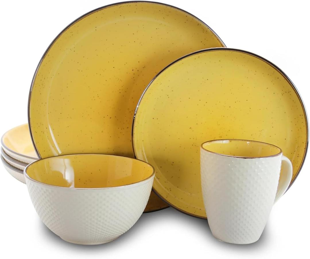 Elama's Luxuriously Mellow Yellow 16 Piece Dinnerware Set with Complete Setting for 4 (Bright Yellow and White)