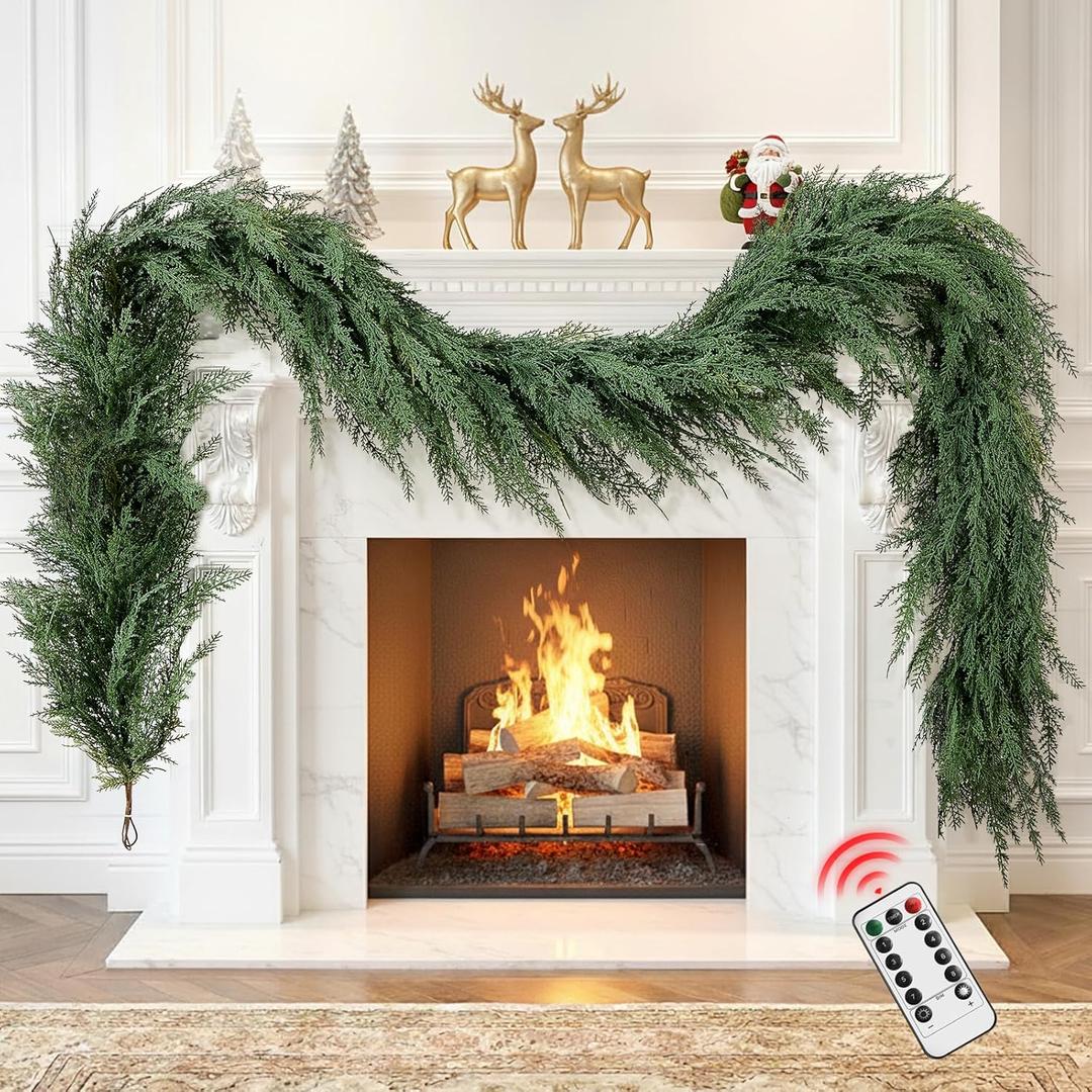 Christmas Cedar Garland Realistic with Lights - Cypress Decorations 9ft for Mantle Lighted Faux Pine Garlands for Xmas Prelit 9ft Door Decor Outdoor Indoor Home Decoration Stairs Railing Fireplace