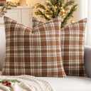 MIULEE Fall Set of 2 Scottish Tartan Plaid Throw Pillow Covers Farmhouse Classic Decorative Outdoor Square Cushion Cases for Halloween Thanksgiving Decor Sofa Couch 18x18 Inch, Brown and White