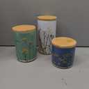 3-pc Decorative kitchen canisters for countertop, Storage containers for Coffee, Sugar, Spice & Dry Food, White 8.3", Pista Green 6.9", Cobalt Blue 4.7"; Ceramic Canister Set with Bamboo lid