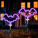 2 Pcs Halloween Decoration Outdoor Solar Halloween Garden Stake Lights Neon Solar Outdoor Waterproof Decoration with Stake for Garden Monument Yard Party Supplies(Bat)