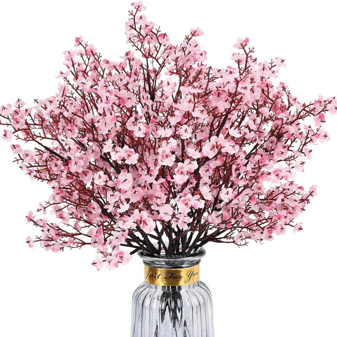 Babys Breath Artificial Flowers, 8 Bundles Cherry Blossom Pink Real Touch Fake Silk Flowers Bulk for Vase Home Office Wedding Spring Indoor Outdoor Centerpiece Table Party Decorations