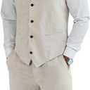 Men's Linen 2 Piece Suit Slim Fit Wedding Groom Groomsmen Summer Vest Shorts Set (Beige, L)