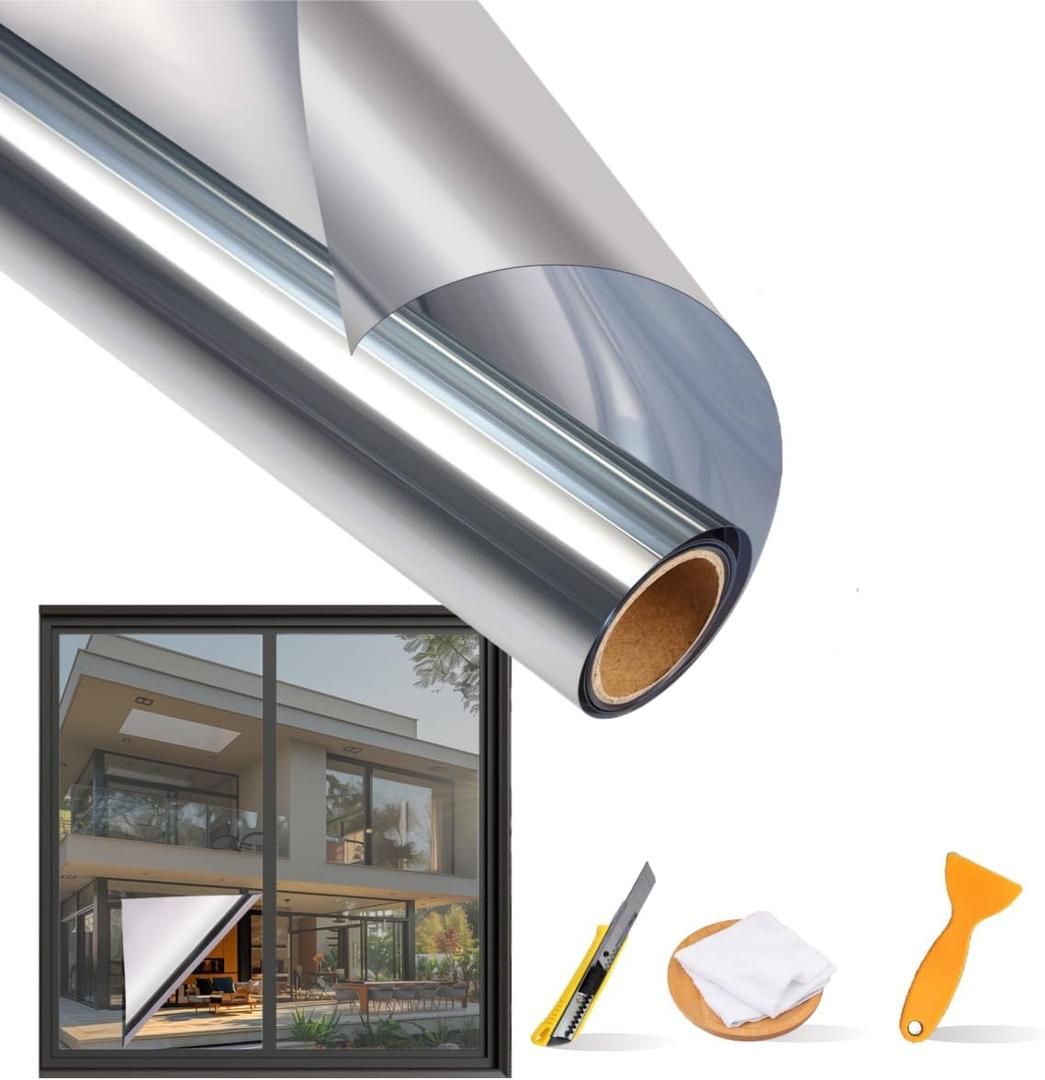 One Way Window Privacy Film Daytime Privacy Anti UV Reflective Heat Control Static Cling Without Glue Window Tint for Home and Office with 4 Free Tools (Silver, 35.4x157.4 Inches)