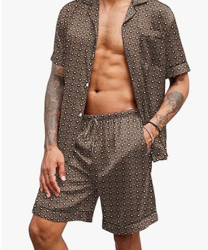 Ekouaer Mens Satin Pajamas Set Button-Down Short Sleeve Shirt Top Soft Silk Sleepwear Shorts with Pockets (Small, Geometric Yellow)