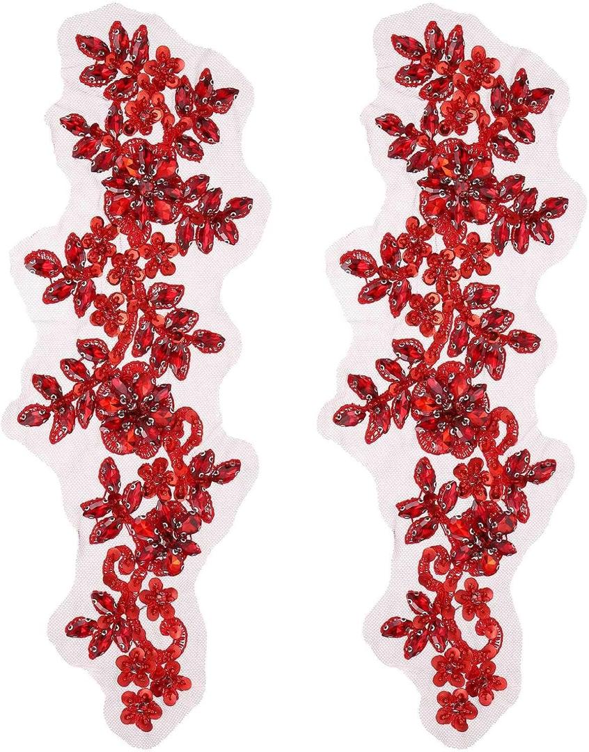 MECCANIXITY 2Pack Rhinestone Applique Patches, 13 x 4 Inches Red Lace Embroidery Patches Sew on Rhinestone Beaded Sequins for Sewing Making Dresses Wedding Banquet Evening Gown Decoration