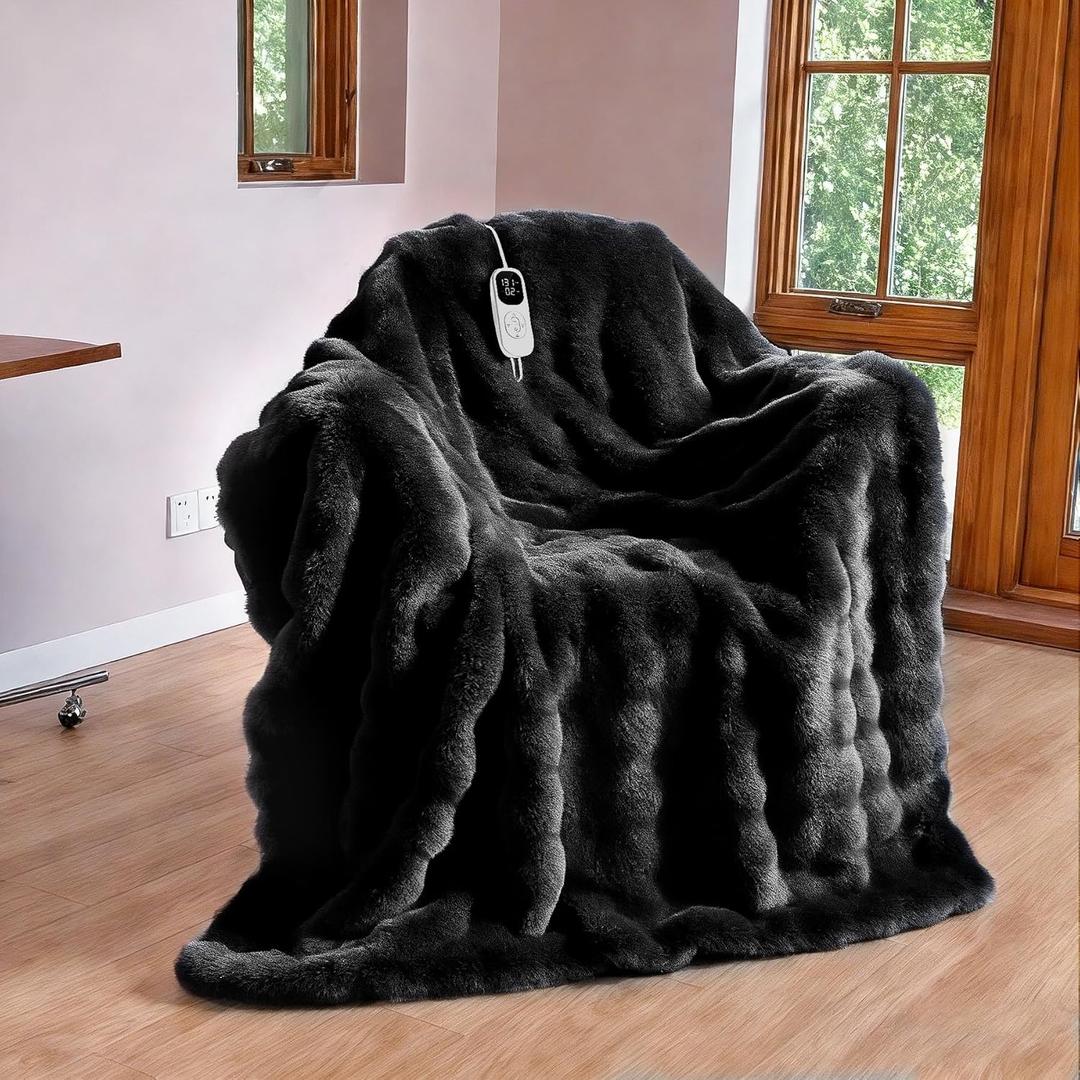 IUUI Electric Heated Blanket Throw 50''x60'',Luxury Faux Rabbit Fur Heating Throw Blankets,Fast Heating with 1/2/4/6/8/10 Hours,Overheat Protection, Quick Heating, Memory Function, Gift-Ready Design (Black)