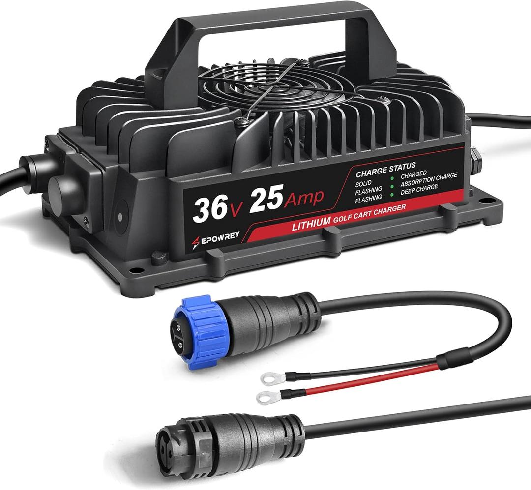 25AMP Lithium Golf Cart Battery Charger for 36 Volt/43.8V(38.4V) LiFePO4 Battery with Ring Terminals Plug