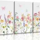3pcs Framed Watercolors Flower Canvas Wall Art Colorful Nature Floral Wall Decor Pink Yellow Wildflower Poster Prints Pictures Farmhouse Botanical Artwork Ready To Hang for Living Room Bathroom (12"Wx16"H)