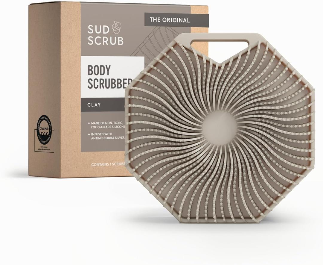 Sud Scrub Antimicrobial Silicone Body Scrubber, Exfoliating Body Brush for Sensitive Skin, Antibacterial Shower Scrubber for Body, Bathroom Essentials for Men & Women, Clay