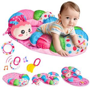 3-in-1 Caterpillar Tummy Time Pillow for Baby 0-6 Months, Detachable Tummy Time Playmat for Newborns, Sensory Toys for Babies 0 3 6 Months, Non-Slip Baby Support Seated Pillow, Gifts for Infant Girls (Medium, Pink)