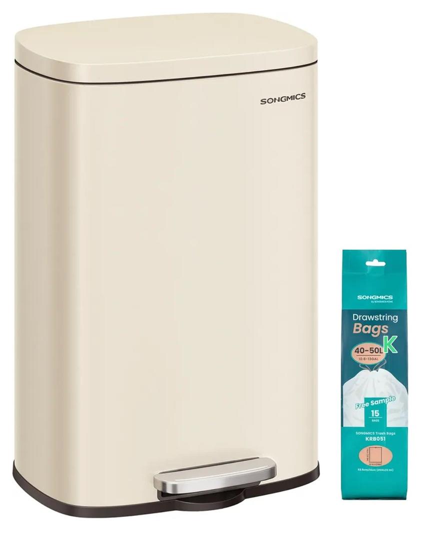 SONGMICS 13 Gallon (50 L) Trash Can, Stainless Steel, Step-On PedalKitchen Garbage Can, Recycling or Waste Bin, with Soft Close Lid, Removable Inner Bucket, Sand Beige ULTB050A01