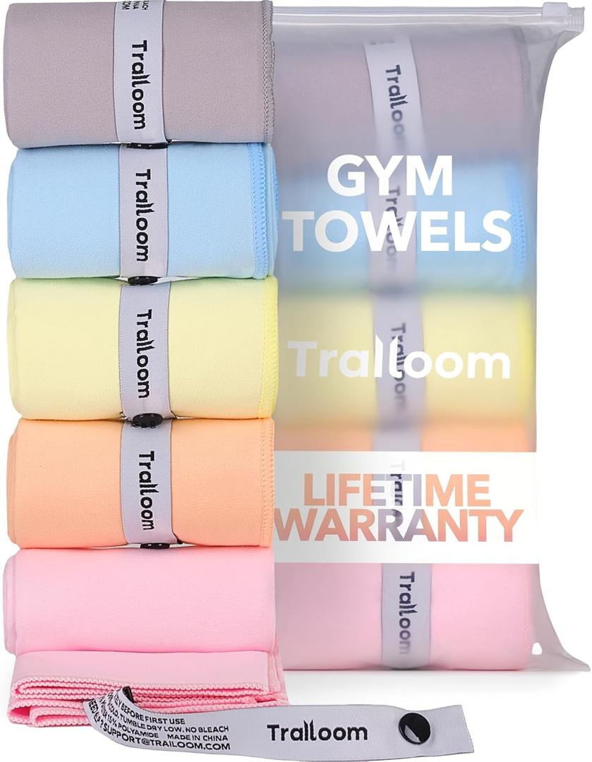 Trailoom Microfiber Workout Towels - Quick Dry, Highly Absorbing, Odor-Free, for Women & Men - Gym Sweat Sports Towel for Hot Yoga, Tennis, Running, Exercise, Working Out, Camping, Set of 5 Pastel