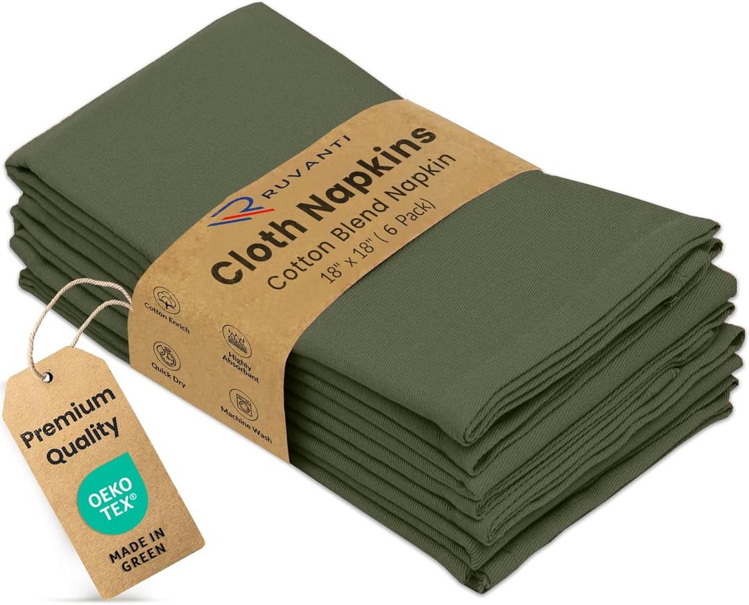 Ruvanti Cloth Napkins Set of 6, 18x18 Inches Napkins Cloth Washable, Soft, Durable, Absorbent, Cotton Blend. Table Dinner Napkins Cloth for Hotel, Lunch, Restaurant, Wedding Parties - Matine Olive