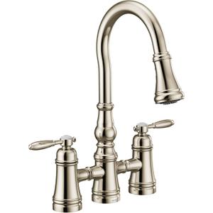 Moen S73204NL Weymouth Two Handle Pulldown Bridge Kitchen Faucet, Polished Nickel