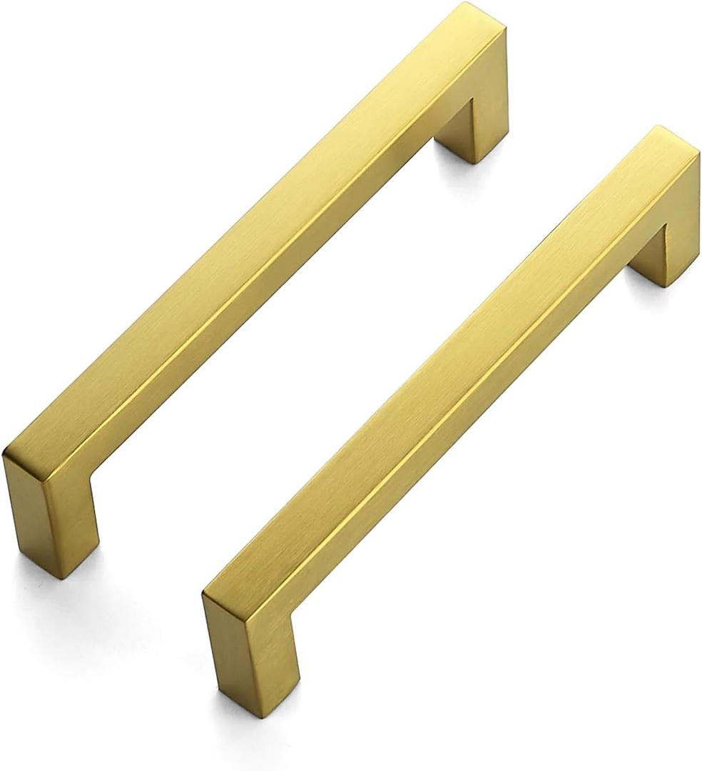 JOY DECOR 4 Pack Cabinet Handles, Gold Cabinet Pulls, 5 Inch Kitchen Closet Handles Square Drawer Pulls Stainless Steel Drawer Hardware, 128mm Hole Centers