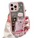 Pretaco for iPhone 14 Pro Case, [Cute White Cat Pattern][Shiny Mirror Case][2-in-1 Bead Wrist Strap], Soft TPU Frame, Shockproof and Drop-Proof, Suitable for Women & Girls