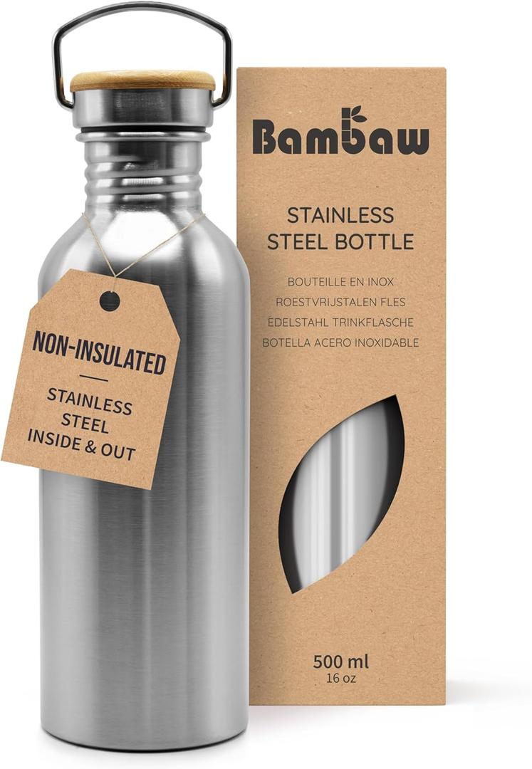 Bambaw Water Bottle 500 ml Eco Non-Insulated Stainless Steel Sports Bottle BPA-Free (16 oz, Silver)