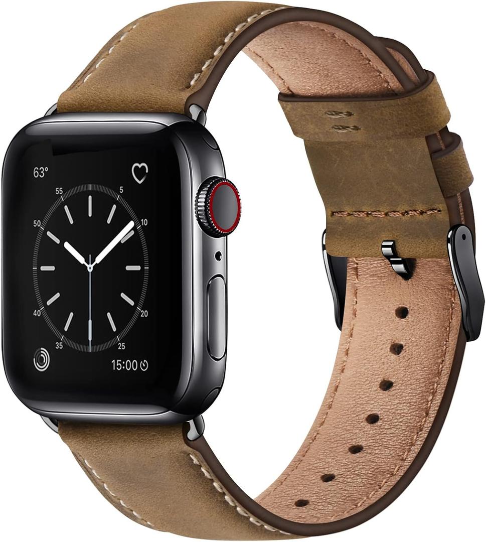 SUNFWR Leather Bands Compatible with Apple Watch Band 41mm 40mm 38mm for Men Women, Top Grain Genuine Leather Replacement Strap for iWatch Ultra SE2 SE Series 8 7 6 5 4 3 2 1 (Brown/Black)