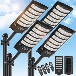 4 Pack Solar Street Light Outdoor 30000LM 6500K Waterproof Motion Sensor LED Solar Powered Flood Light with Remote Control Dusk to Dawn Commercial Area Lighting for Outside Parking Lot (300W)