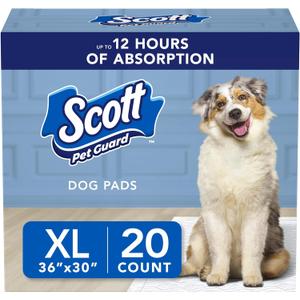 Scott Pet Guard Dog Pads - Medium & Large Dog Training Pee Pads - Up to 12 Hour Absorbent Odor Control - Easily Disposable - Size XL - 30" x 36" - 20 Pack