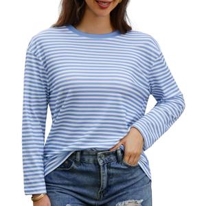 Gardenwed Long Sleeve Shirts for Women Striped Crewneck Loose Fit Basic Tops 2025 Fall T-Shirt (Blue, XXL)