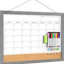 Calendar Whiteboard for Wall, 18x24 Inches Dry Erase Calendar Cork Board Combo, Magnetic Monthly White Board with Wood Framed, Hanging Dry Erase Board for Home Kitchen Office Planner Memo (Gray washed)