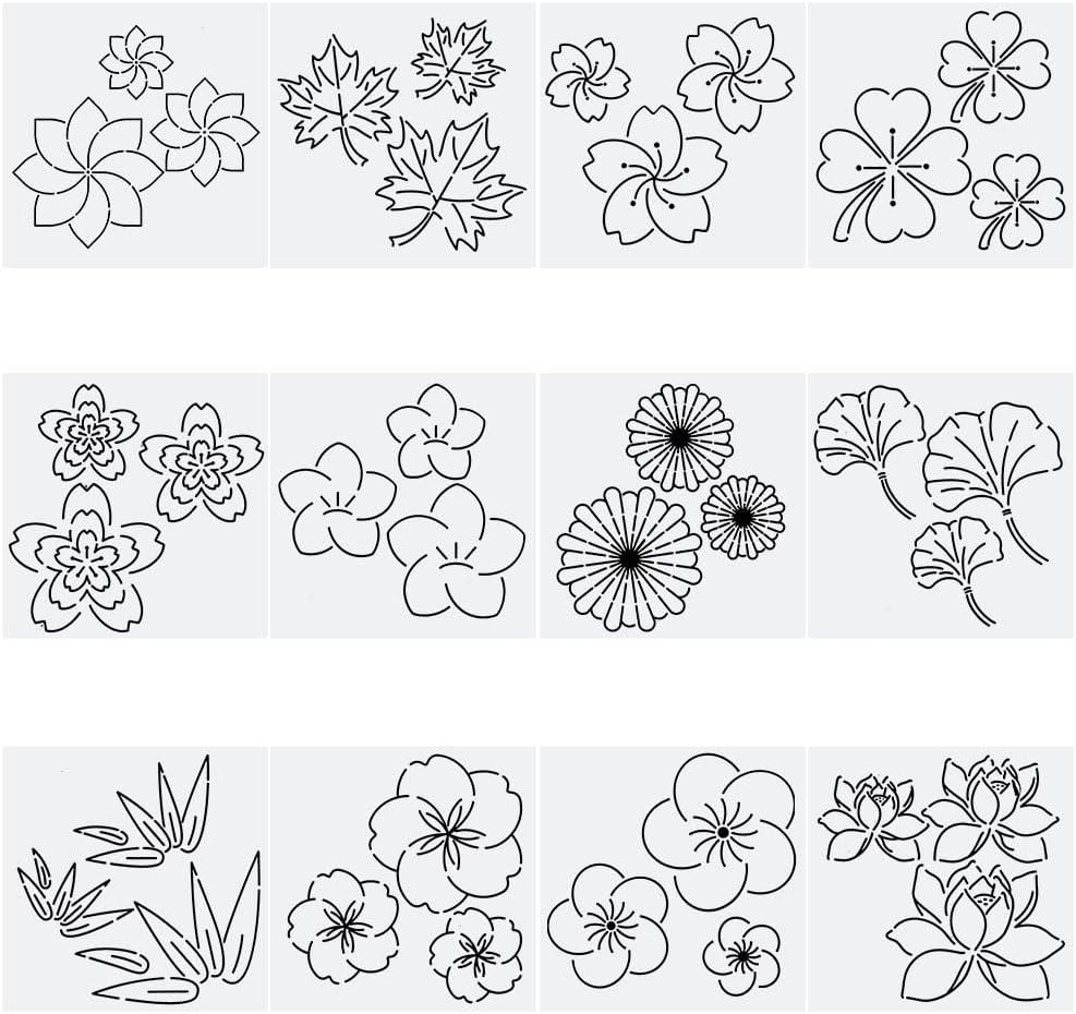 FREEBLOSS 12Pcs Plastic Sashiko Stencil Kit Flower Sashiko Pattern Template Embroidery Pattern for Hand Quilting Sashiko Patterns Templates Embroidery Stencils 14x14cm