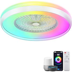 24" Bladeless Ceiling Fans with Lights, Smart RGB Ceiling Fan with Alexa, APP Control, Low Profile flush Mount Ceiling Fan Dimmable Color Changing LED Ambient Light for Bedroom