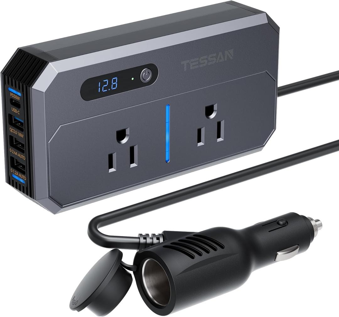 200W Car Power Inverter, TESSAN 12V DC to 110V AC Converter with 2 AC Outlets and 4 USB Ports, PD/QC 3.0 Fast Charging, Car-Essentials for Camping, Road Trip, Gray