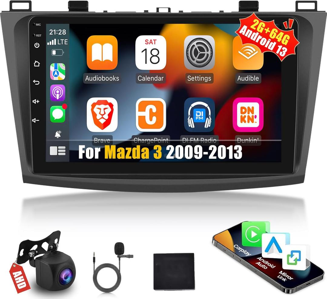 [2G+64G] Car Radio for Mazda 3 2009-2013, Android Mazda 3 Stereo with 9 inch Touch Screen, Carplay/Android Auto/1080P/Bluetooth/WiFi +AHD Backup Camera