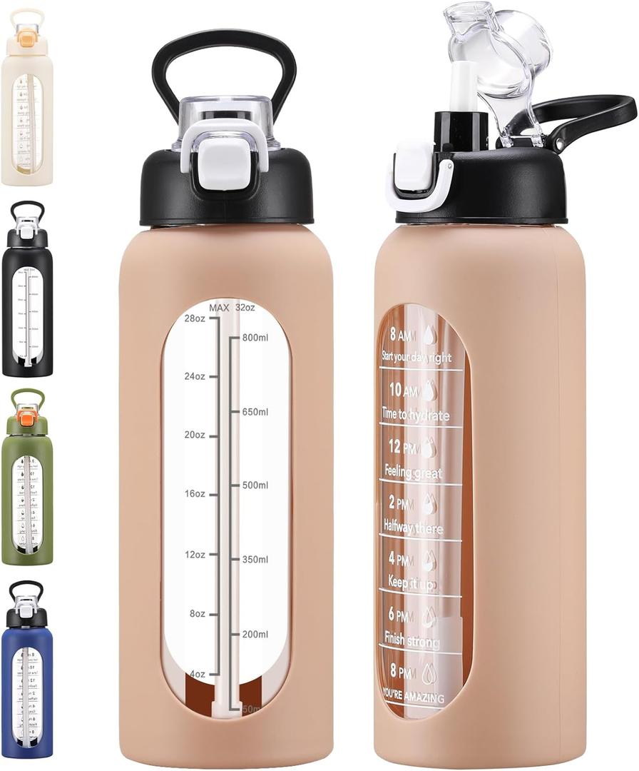 32 oz Glass Water Bolttles with Straw Large Motivational Water Bottle with Time Marker Sports Water Bottles with Silicone Sleeve and Handle Lid Water Jug for Gym Workout (Amber)