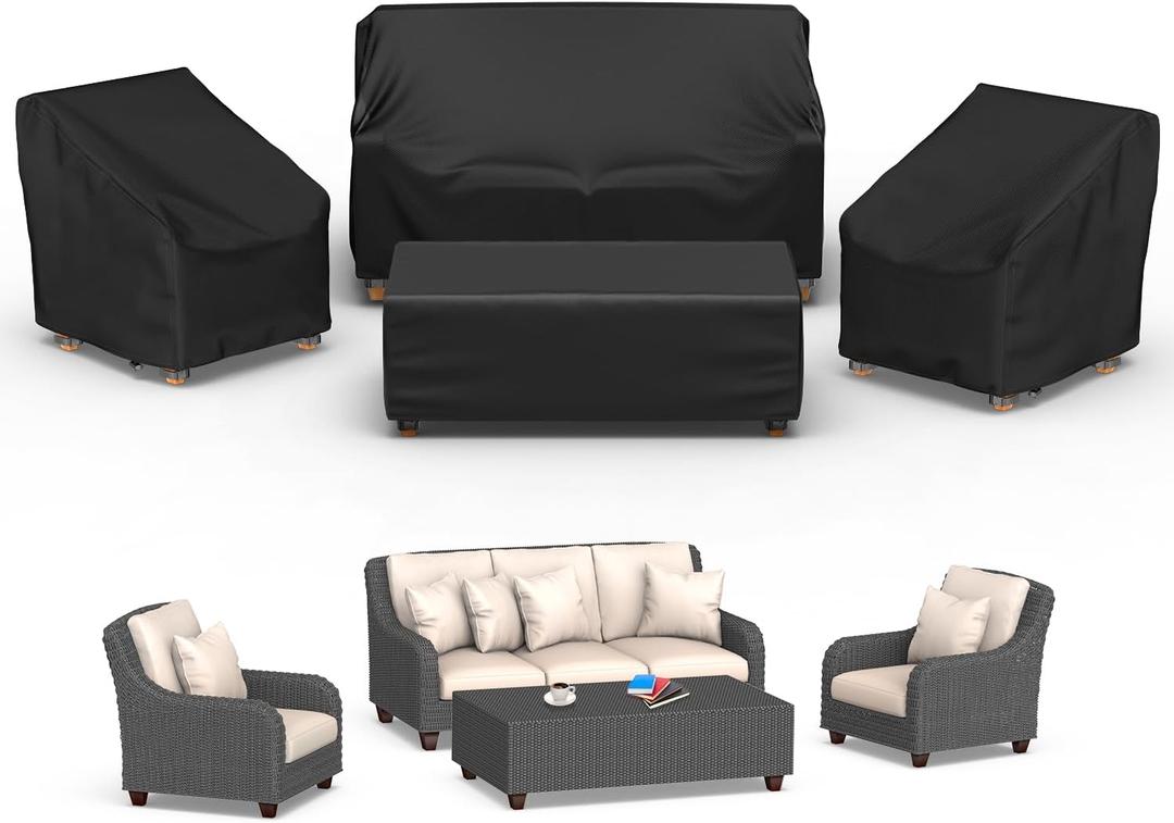 Mrrihand Patio Furniture Covers, 4 Piece Outdoor Furniture Cover Waterproof includ Ourdoor Sofa Cover, 2 Chair Covers, Coffee Table Cover with Windproof Buckle Strap and Adjustable Drawstring, 52"L*30"W*31"H