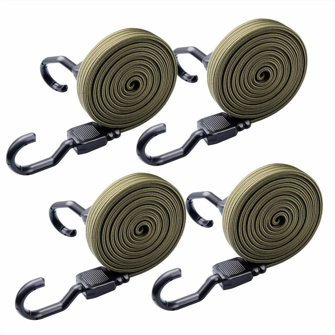 XSTRAP STANDARD 4PCS Adjustable Bungee Cords with Hooks 77 Inch, Heavy Duty Flat Tarp Straps Elastic Bungee Cords for Cargo, Luggage, Camping, and Outdoor Use, Army Green