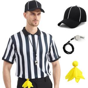 Referee Shirt for Men & Women, 4-Piece Ref Uniform Set with Zipper Collar, Whistle, Hat & Penally Flag for Football & Soccer (Small)