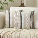 Aeckself Boho Throw Pillow Covers 18x18 Inch Set of 2, Farmhouse Decorative Striped Square Pillow Covers Chenille Tufted Pillow Cases Accent Neutral Pillowcase for Living Room Couch Bed, Gray